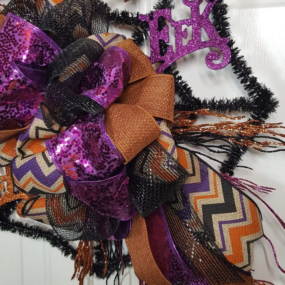 Halloween‎ Orange Black Purple Glittered EEK Black Tinsel Spider Web Wreath